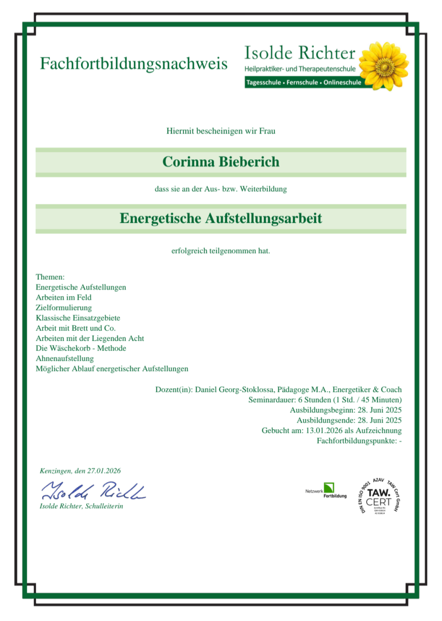 Fachfortbildungsnachweis Energetische Aufstellungsarbeit