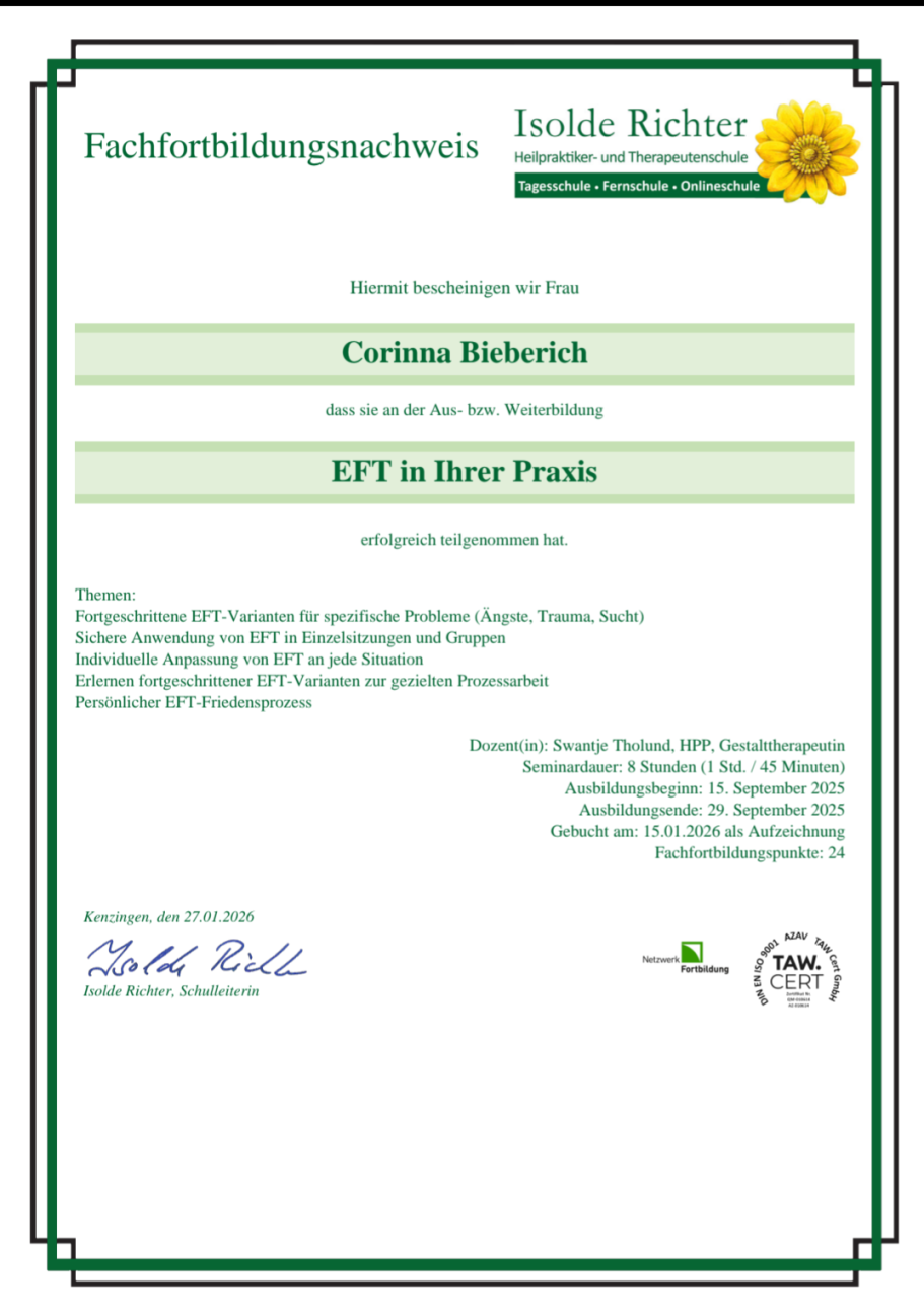 Fachfortbildungsnachweis EFT Klopftechnik